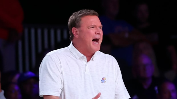 Nov 25, 2022; Paradise Island, BAHAMAS; Kansas Jayhawks head coach Bill Self reacts during the second half against the Tennessee Volunteers at Imperial Arena. Mandatory Credit: Kevin Jairaj-USA TODAY Sports